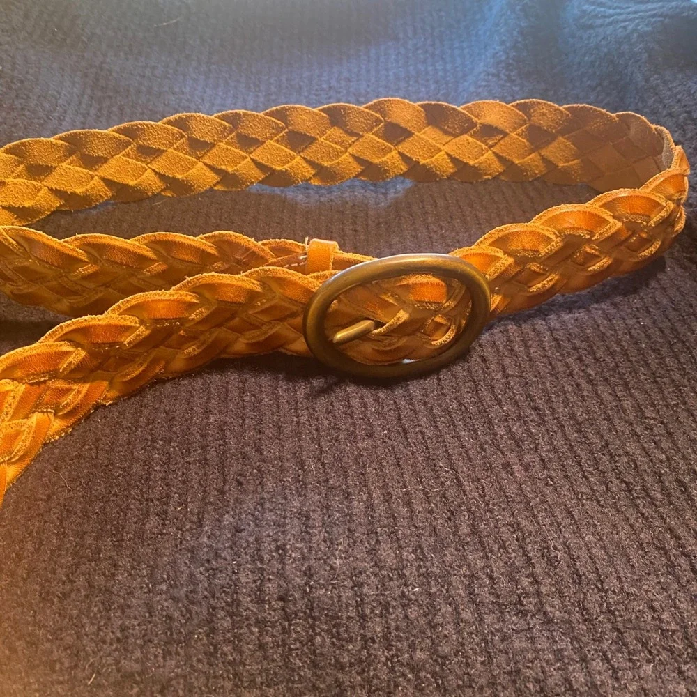 Tan Braided Leather Belt Wide Woven Waist Accessory Brass‎ Buckle Boho 45